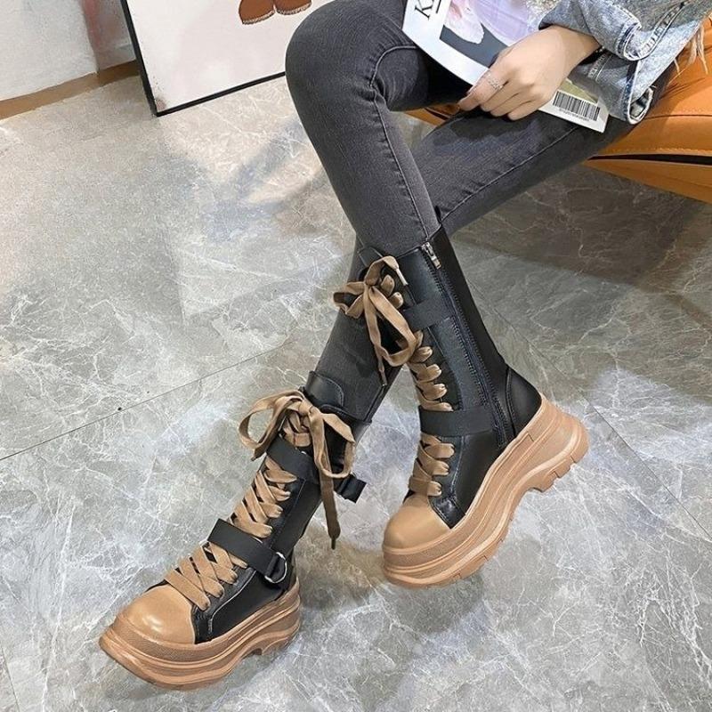 Height Increase Round Toe with Laces Half High Boots for Women Autumn Winter New Rock Fleece-Lined Platform Mid Calf Shoes Woman
