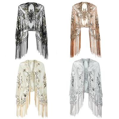 Vestido de Noite Artesanal Estilo Anos 1920 com Franjas e Lantejoulas - Cheongsam de Festa com Xale Europeu e Americano