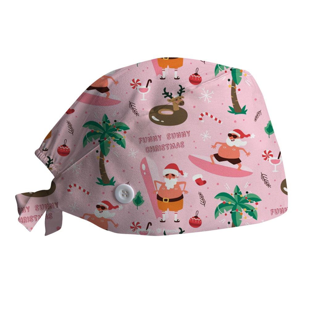 Surgical Cap with Adjustable Printed Christmas Theme Hat, Sweat Wicking Strip, Dust-proof Cloth Bag Head Cap, Doctor's Oral Cap, Nurse's Cap