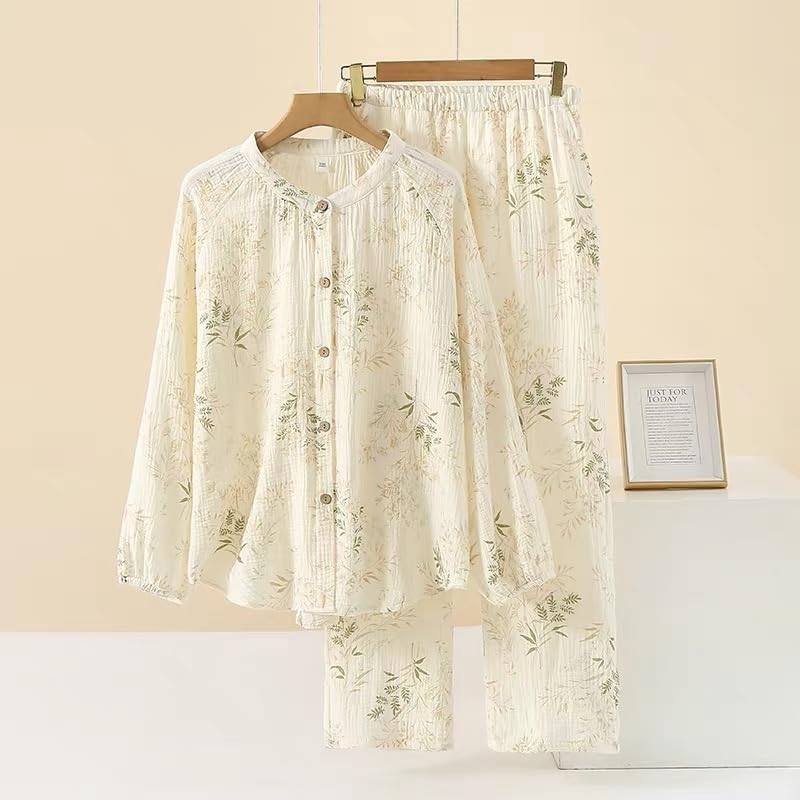 Netakara Double Gauze Long with Loungewear Solid Winter Long Sleeve Green Women's Pajamas, Sleeve, 100% Cotton, Pockets, Set, Comfortable, Color,