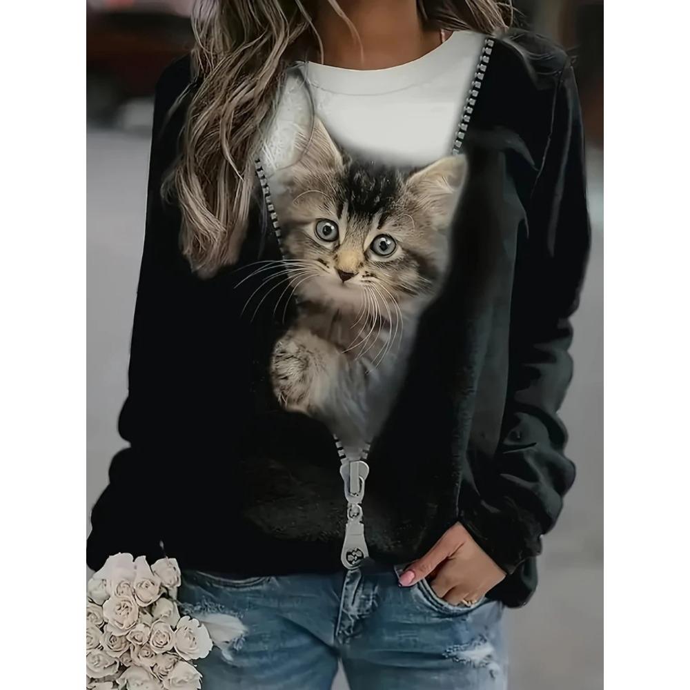 Daily casual 3D cute cat printed women's fashionable round neck long sleeved T-shirt