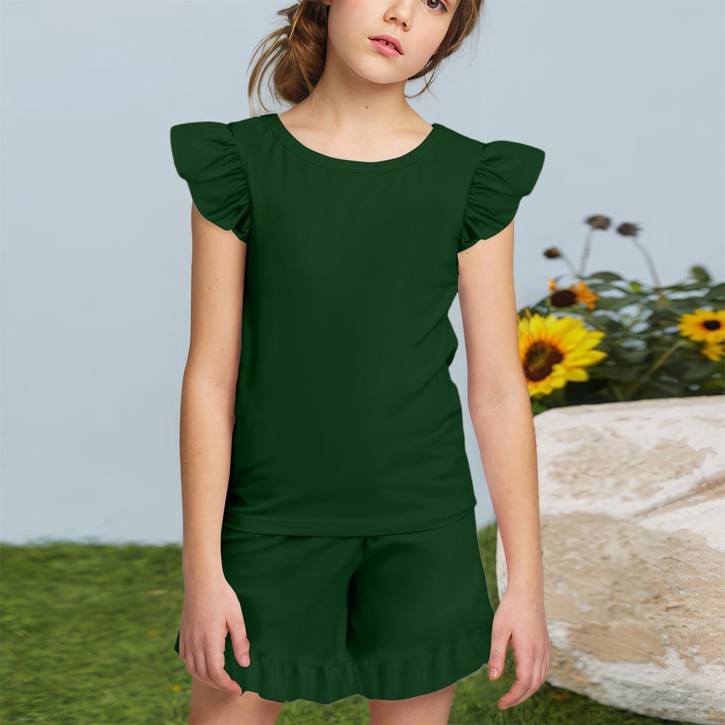 Summer Girls Cute Suit Flying Sleeves T-shirt Top + Ruffled Shorts Daily Outdoor Wear Cute Casual Fashion 2-Piece Set