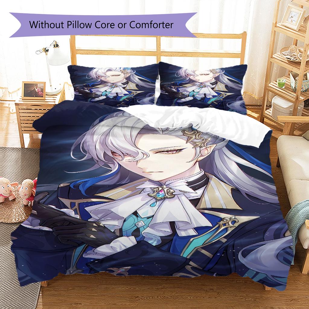 Ropa de Cama con Patrón de Genshin, Juego de Colcha Funda de Colcha Funda de Almohada Regalo de Cumpleaños para el Hogar (1 * funda nórdica + 2 * fundas de almohada, sin núcleo)