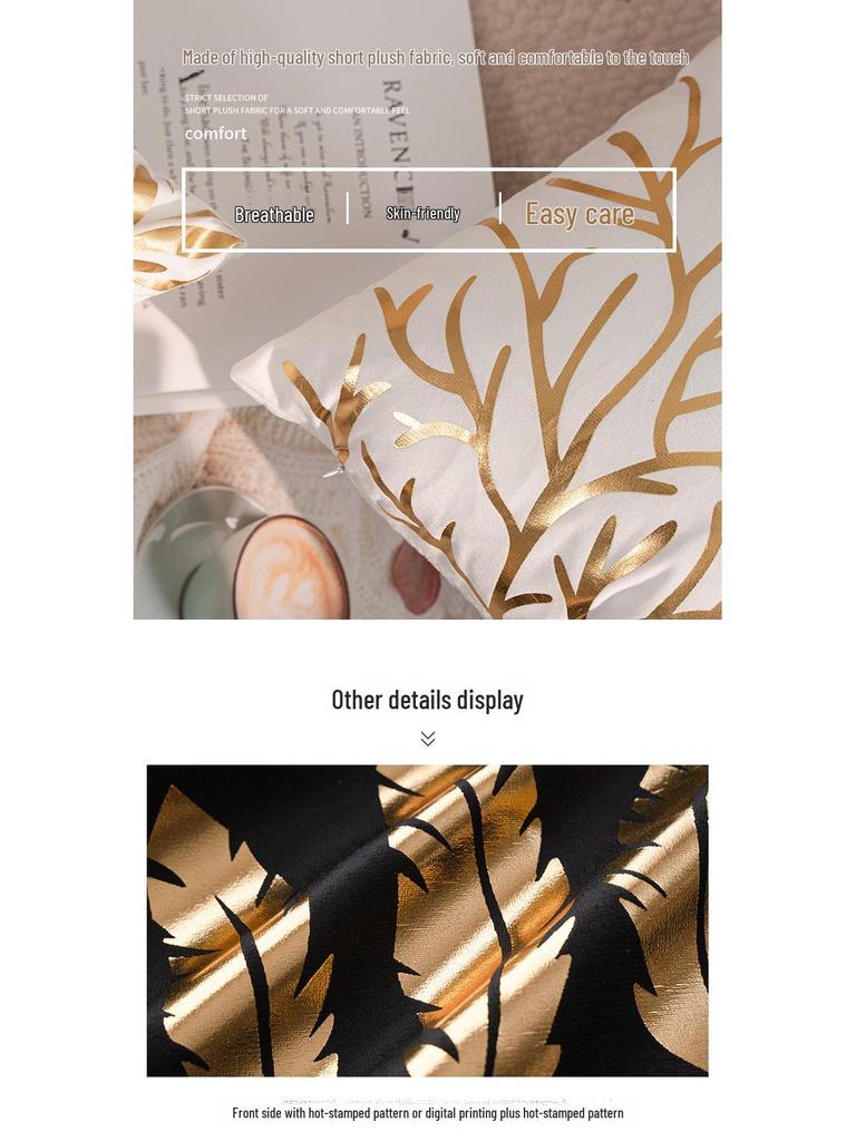 Fronha de Almofada de Pelúcia Curta Folha Dourada Hot Stamping Temu - Capa de Almofada de Sofá Retrô Luxo Leve