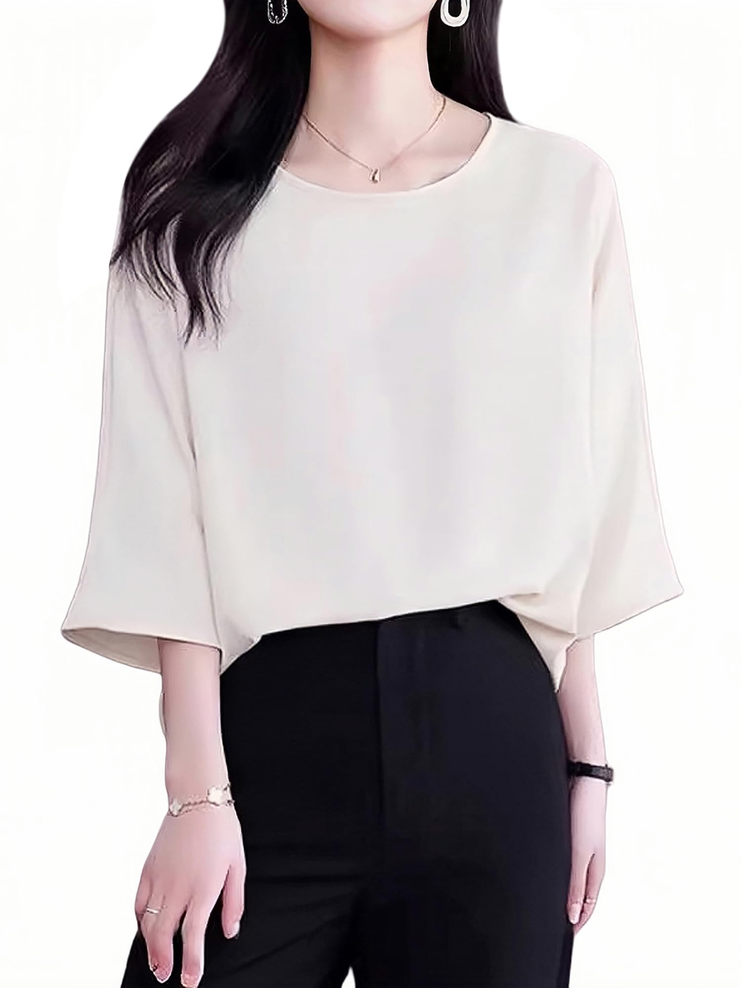 

Блузка для свободного летнего делового стиля [Lalapala] Женская, рукав 3/4, летняя, шифоновая, топ, приталенная, простая, тонкая, шелковистая, пуловер, костюм, нижнее белье, шелковистая, бежевый