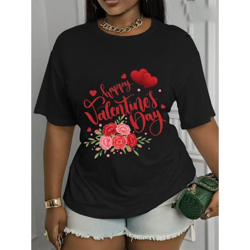 

European size Happy Valentine S Day Printed Short-sleeved T-shirt | Perfect for Everyday Wear, Medium Stretch, Machine Washable 4XL чорний