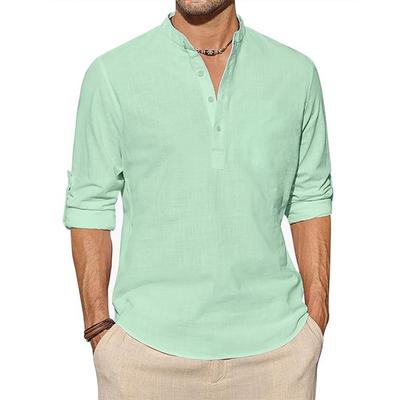 Cotton Linen Shirts for Men Casual Shirts Lightweight Long Sleeve Henley T Shirt Solid Color Long Sleeve Tops Roll Up