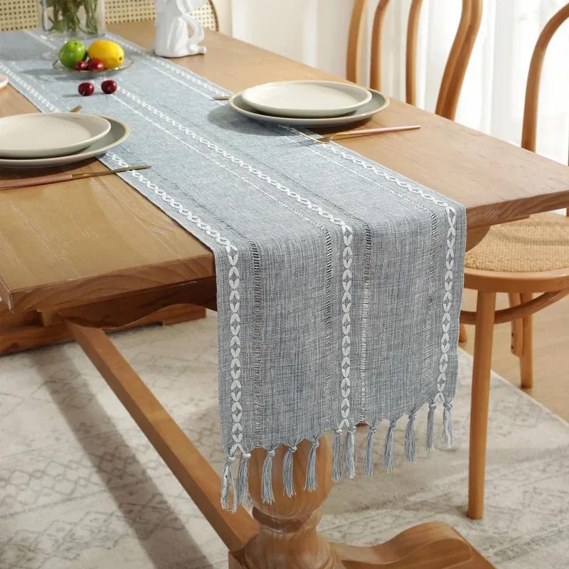 Rustic Farmhouse Style Linen Table Runner, Boho Handmade Tassel, Embroidered Table Runners for Party, Wedding and Dining Decor