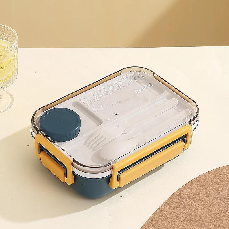 New 1300ml Plastic Lunch Box with Tableware for Adults Students Divided Microwave Oven Bento Box Sealed Leakproof Food Container