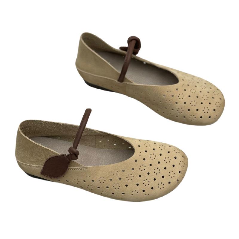 Hollow Single Shoes Matte Genuine Leather Soft Soles Comfortable Soft Cowhide Women's Shoes for Spring and Summer