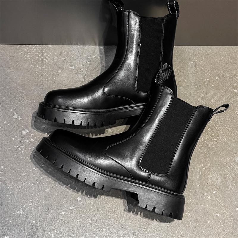 Black Autumn Winter Men High Top Boots Thick Sole Stylish Durable Breathable Comfortable Youthful Chimney Boots