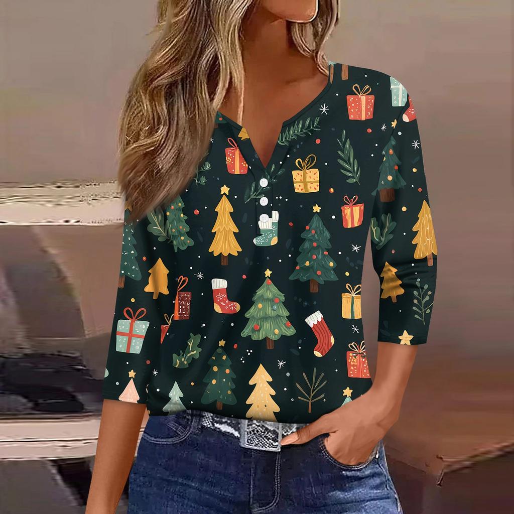 Camiseta de mujer con estampado navideño, botones, manga 3/4, para uso diario, fin de semana, básica, cuello en V, camiseta regular