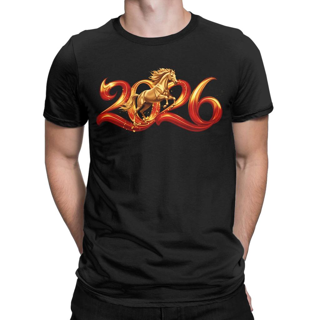 New Year Of Horse 2026 Mens T Shirt Funny Tees Short Sleeve Crewneck TShirt Pure Cotton Classic Tops