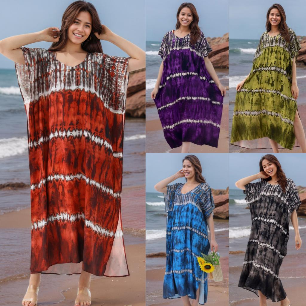 Women's Tie Dye Print Beach Cover Up Loose Flowy Long Kaftan Robe, Open Front Swimwear Shirt 0993