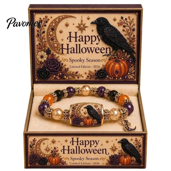 Cute Halloween Themed Gift Stretch Beaded Bracelet with Box, Black Cat Pumpkin Ghost Stylish Wrist Accessory for Parties Crow Witch Hat/Moon