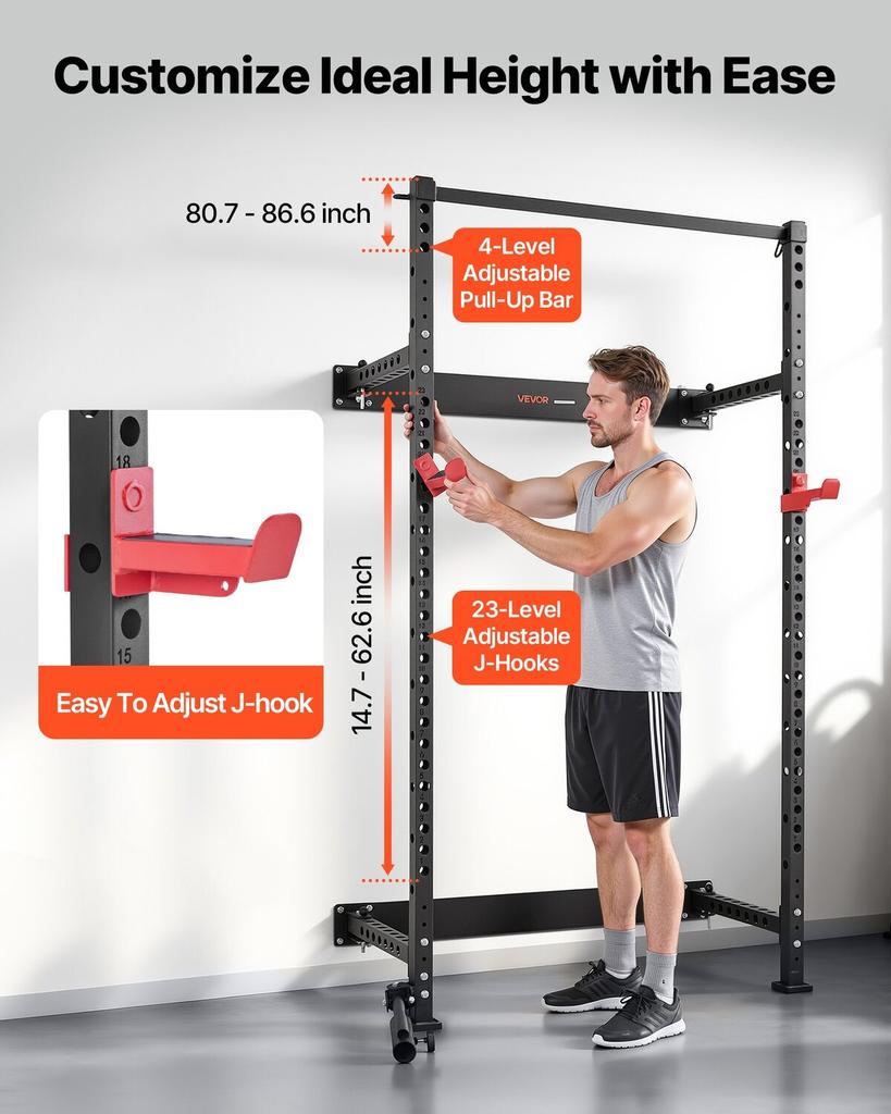 Folding Power Cage, Wall-Mounted Power Rack Squat Rack, Multifunctional Strength Training Workout Equipment with Landmine Holder, Adjustable J-Hooks &