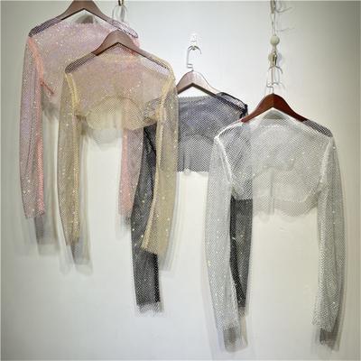 Women Rhinestones Mesh Long Sleeve Crewneck Crop Top See Through Fishnet Jewelry Bikini Cover Up Rave Party Clubwear
