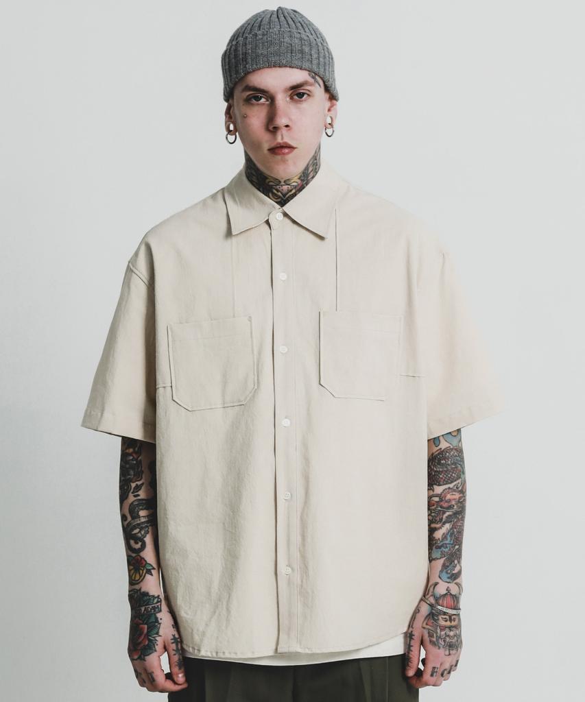 STAGE NAME Vintage Washed Cotton Double Shoulder Short Sleeve Shirt_L Beige