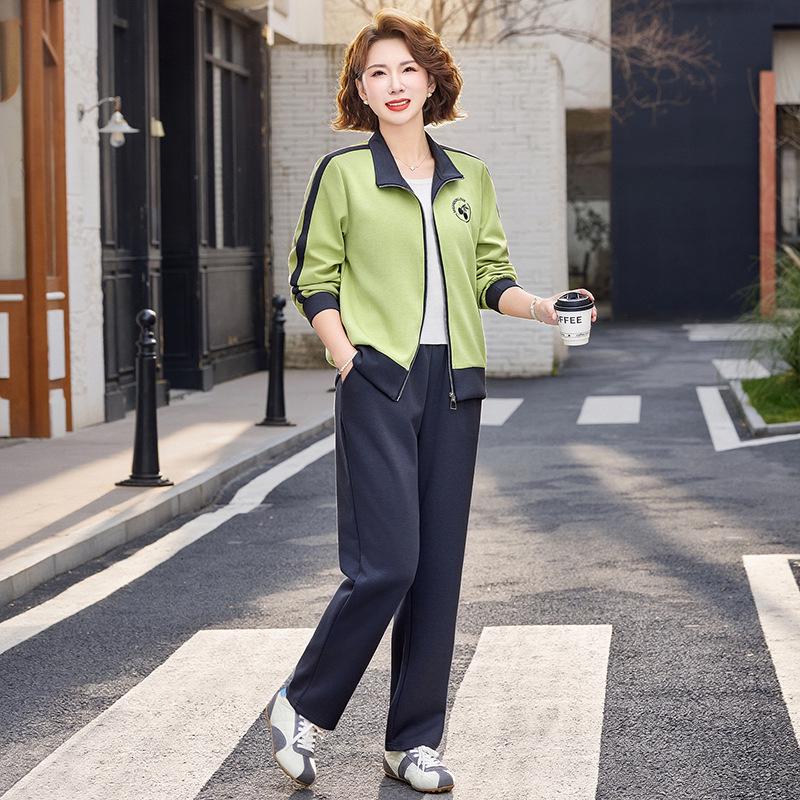 Stylish Colorblock Sportswear Set for Women - Perfect for Spring and Autumn Middle-aged Mothers: Jacket and Pants Two-Piece for an Age-Reducing Look