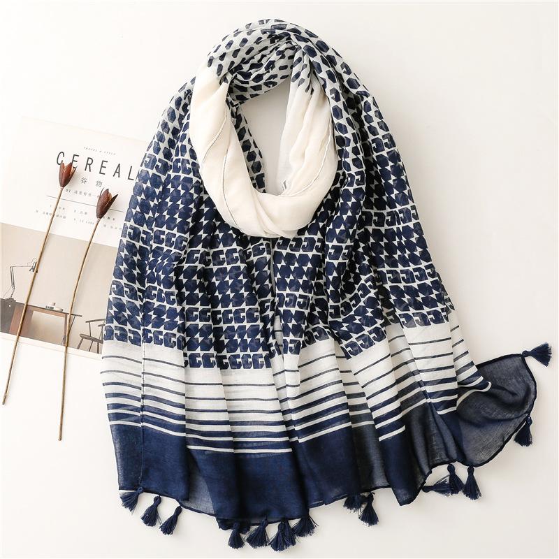 Spain Lovely Polka Floral Line Tassel Viscose Shawl Scarf Lady High Quality Wrap Thin Pashmina Stole Muslim Hijab 180*90Cm