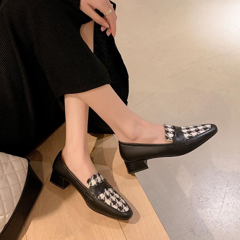 Fashion NEW Spring Women Loafers Square Toe High heels Cotton Fabric Chunky Heel Women Pumps Retro Lattice Split Leather Shoes for Women