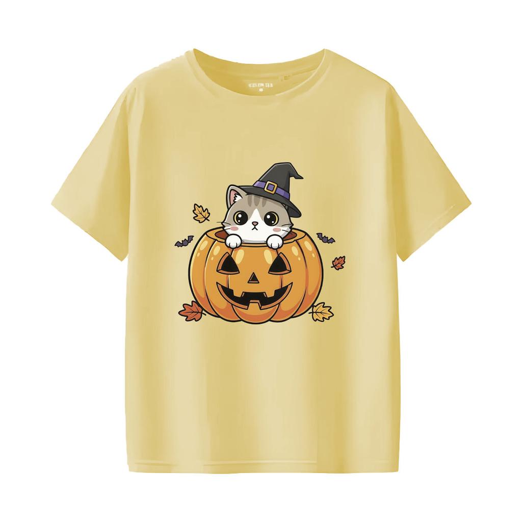 Halloween Pumpkin Kitten Printed Tshirt Casual Short Sleeve Suitable for Four Seasons Fashion Versatile Womens Tshirt