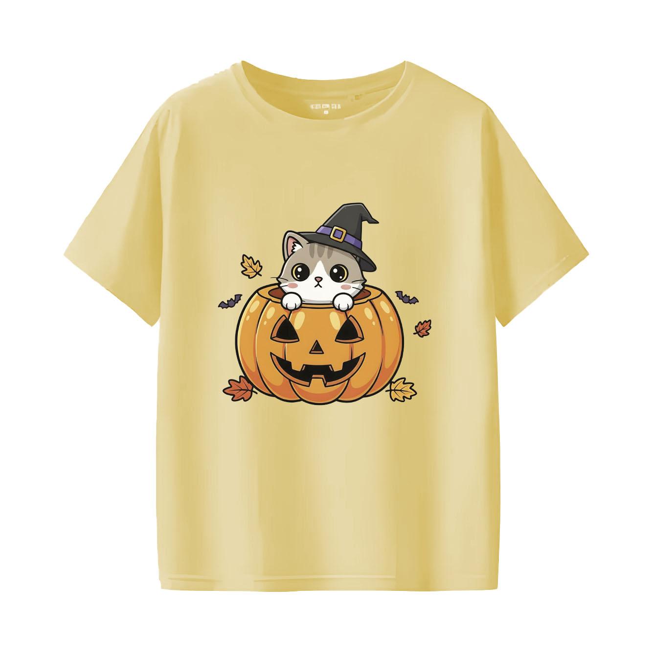 

Halloween Pumpkin Kitten Printed Tshirt Casual Short Sleeve Suitable for Four Seasons Fashion Versatile Womens Tshirt S