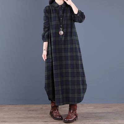 Lässiges Patchwork-Karomuster Baumwolle Leinen Revers Langarmkleid Damen Midilanges Hemdkleid