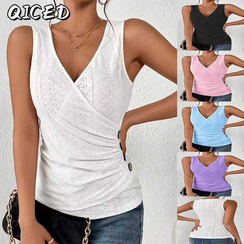 QICED Women's Fashion Casual Solid Color Print V-Neck Sleeveless Blouses & Shirts
