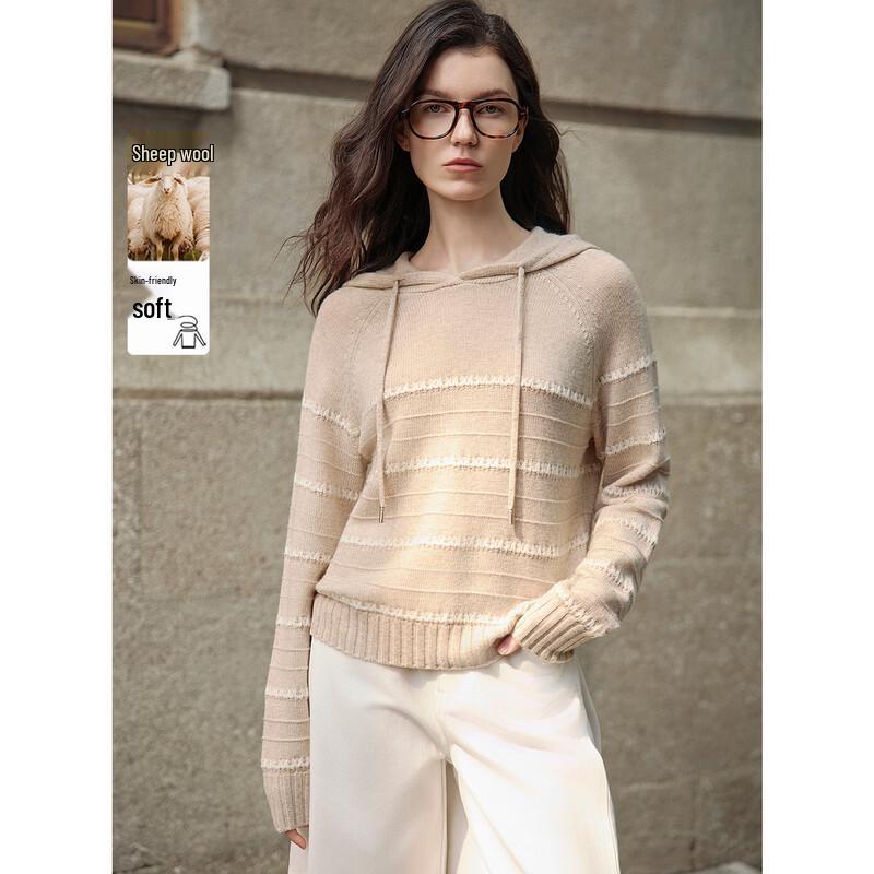 ELLE Women s French Stripe Hooded Wool Blend Sweater M