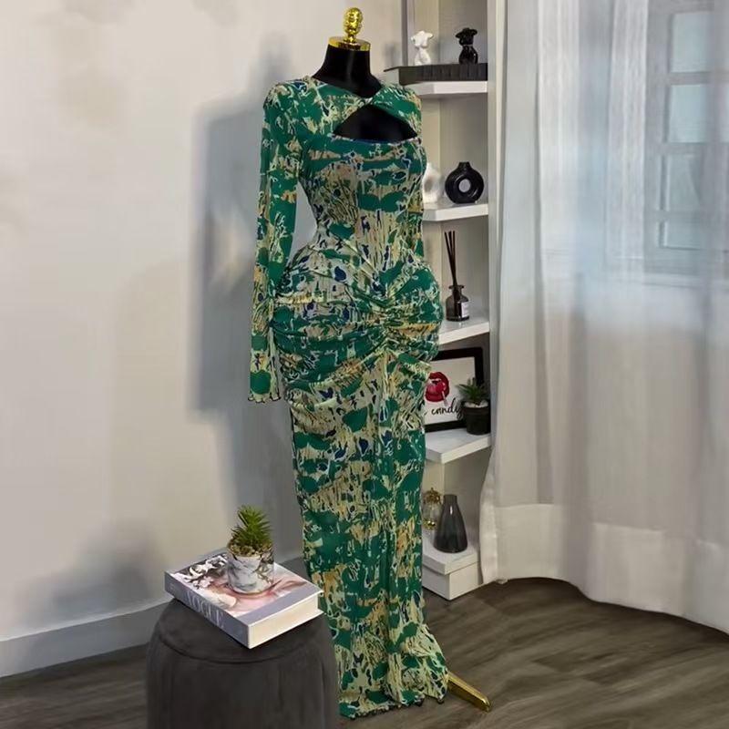 European and American Fashion Sexy Hollow out Long sleeve dress Print Long dress Sexy Hollow Printed Dress