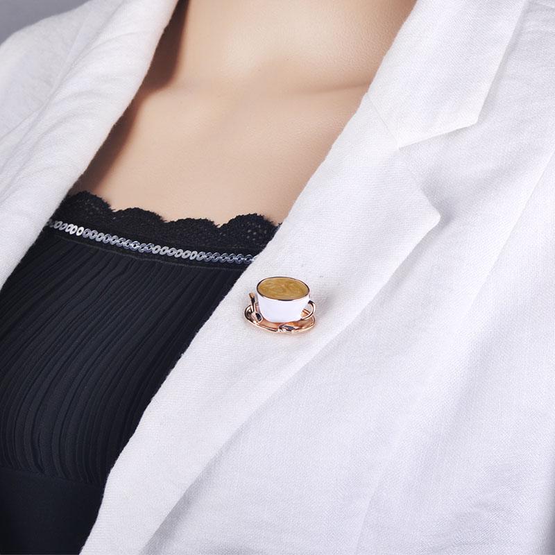 Fashion Coffee Cup Spoon Disc Shape Brooches White Enamel Gold Color Brooch Pins