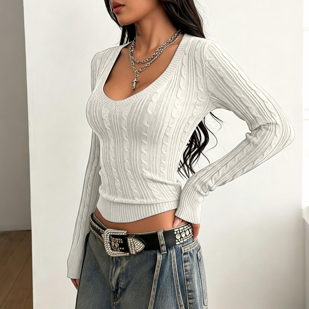 Women's Cable Knit V-Neck Sweater Slim Fit Cropped Long Sleeve for Spring and Fall