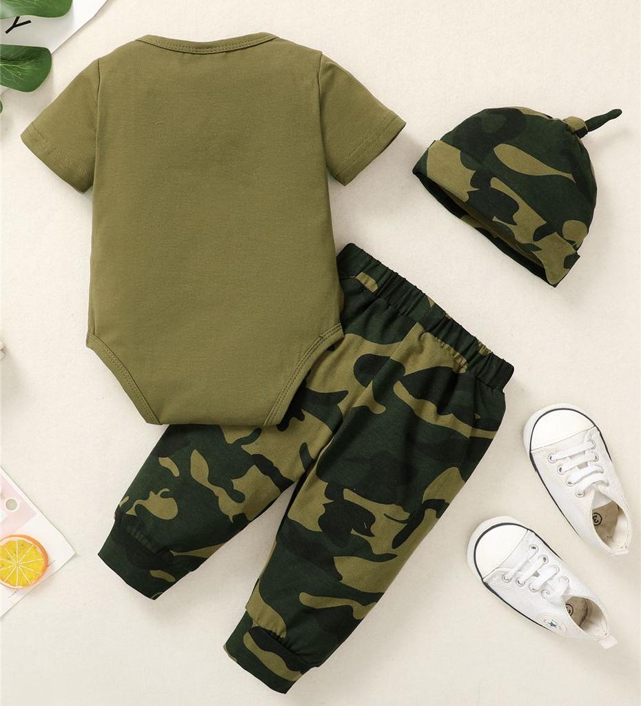 0-18 Months Newborn Baby Boy 3PCS Clothes Set Letters Print Short Sleeve Romper + Camouflage Pants with Hat Casual Outfit