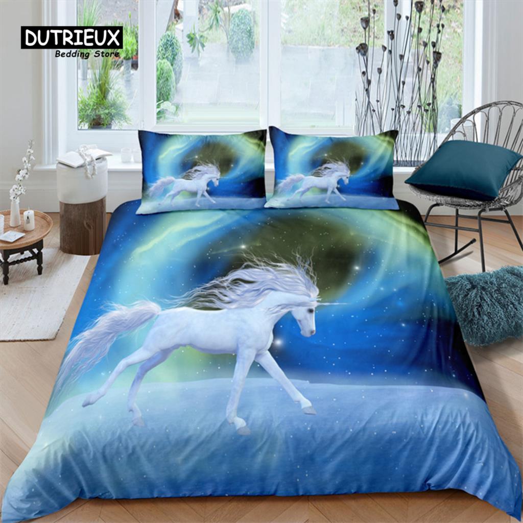 Bettbezug mit weißem Drachenpferd, 3D-Einhorn-Bettwäscheset für Teenager und Kinder, Mikrofaser, Western-Cowboy-Bettbezug mit Kissenbezügen