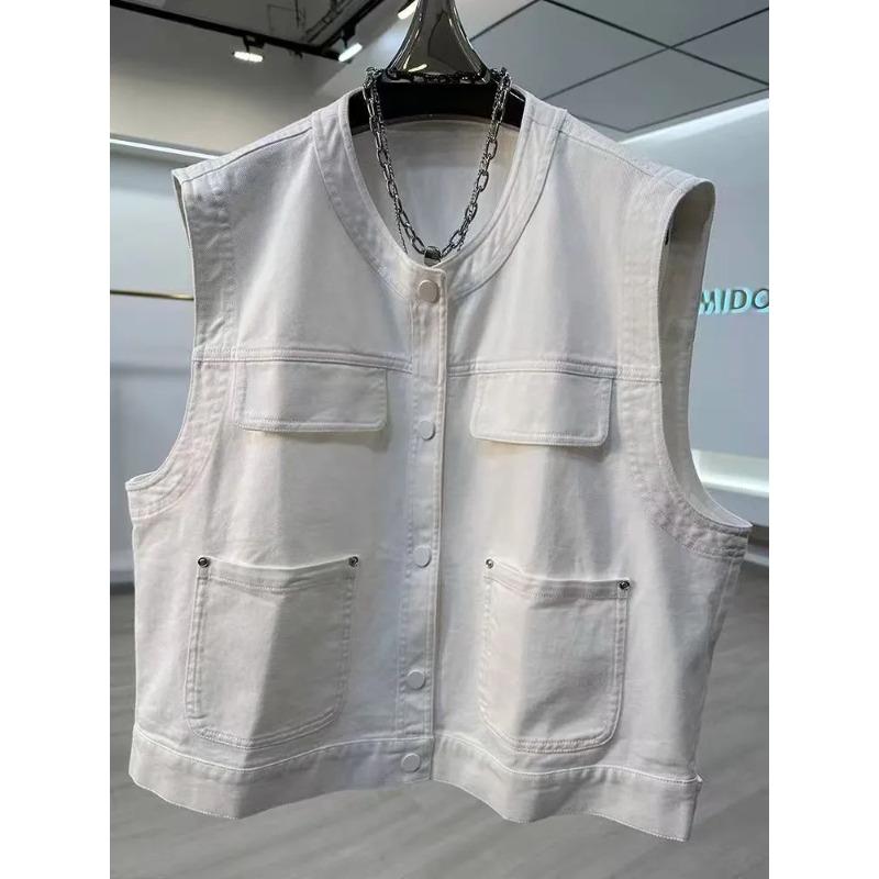 Women's White Denim Vest Sleeveless Button Front Multi Pocket Casual Loose Fit Outerwear