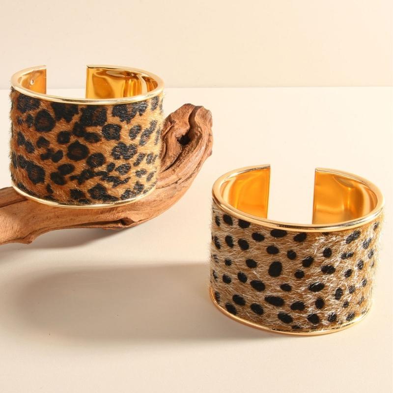 Adjustable Leopard Print Wide Cuff Bracelet Flocking Texture Wristband For Comfort Alloy Construction Stylish Wear