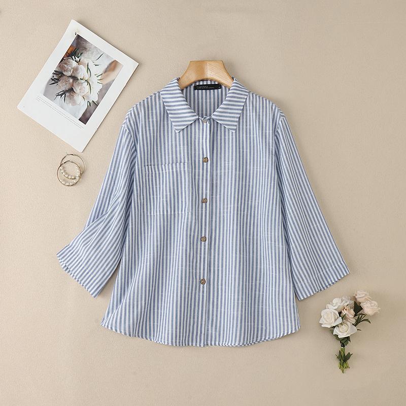 ZANZEA Dámská ležérní pruhovaná halenka s volným střihem a 3/4 rukávy s límcem na ohrnutí