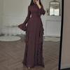 Brown High Neck Long Sleeve Dress with Ruffled Hem and Flared Sleeves