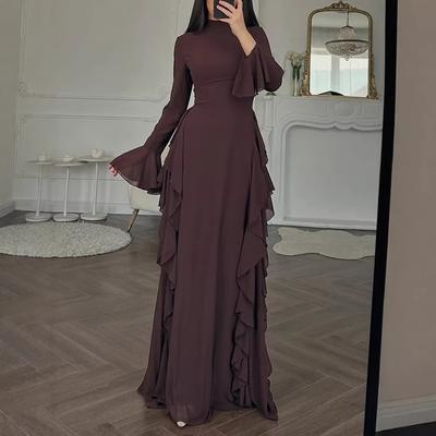 Brown High Neck Long Sleeve Dress with Ruffled Hem and Flared Sleeves