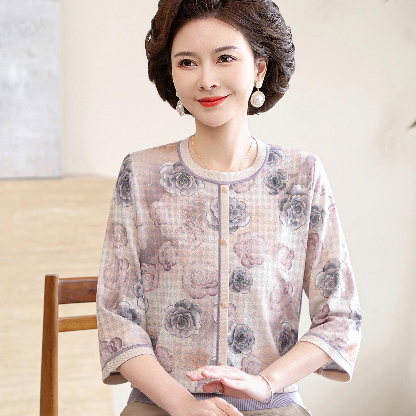 

Mom’s Mid-Sleeve Summer T-Shirt - Round Neck for Women Aged 50-60 L (for 80-100 jin) сірий колір