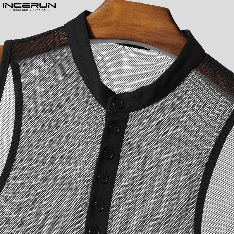 INCERUN Men Sleeveless Hollow See Through Transparent Underwear Jumpsuits Bodysuits