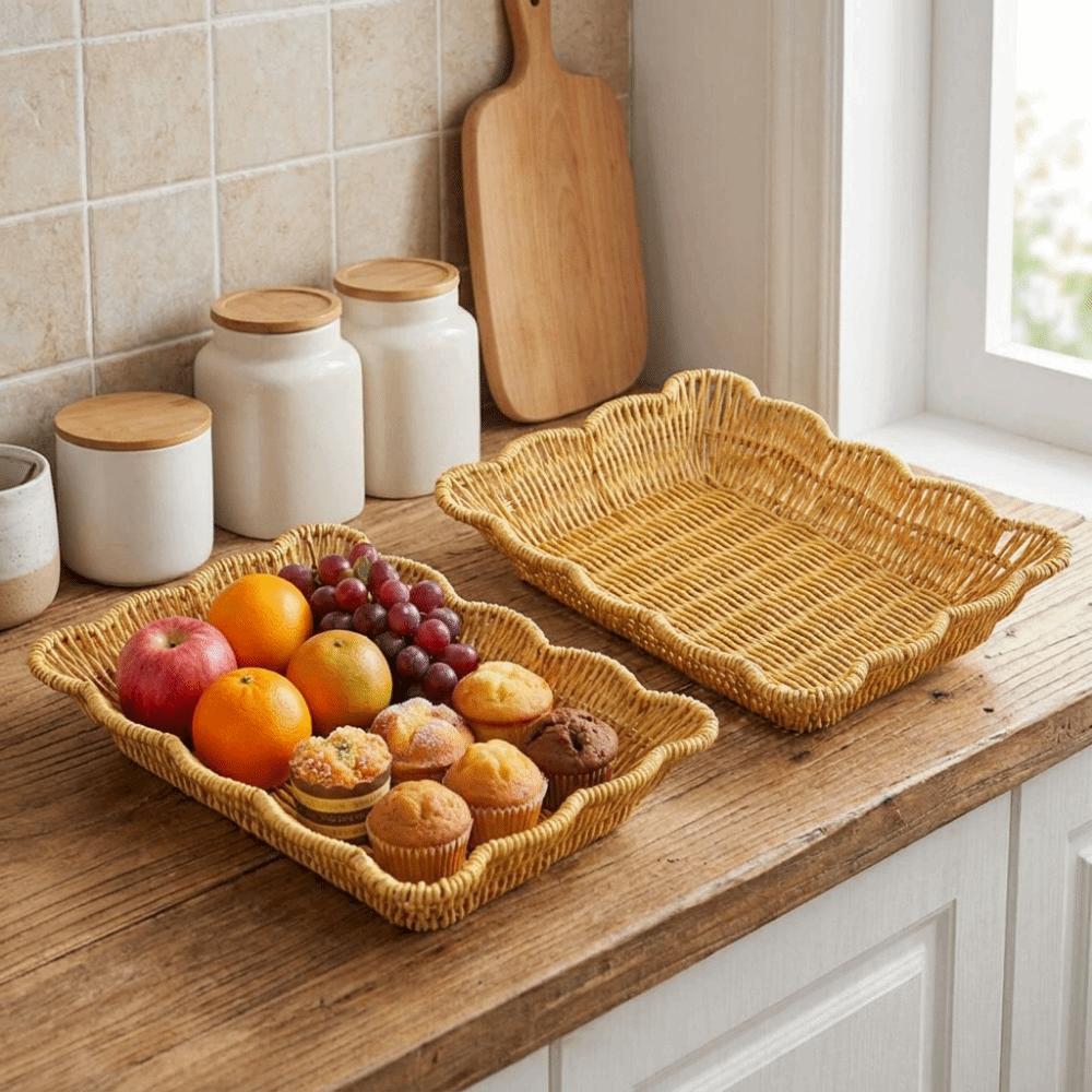 Plastic Hand Woven Storage Basket Rectangular Bread Storage Tray Durable Fruit Plate Picnic