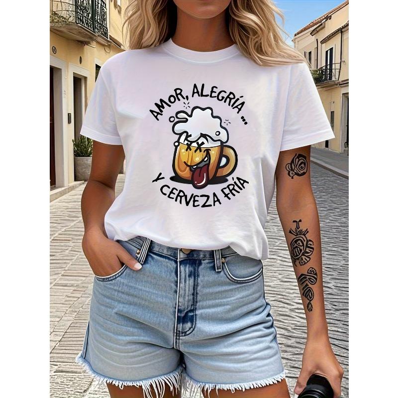 

Women Spanish Slogan Love And Cold Beer Print Tee Round Neck Short Sleeve Casual Summer Top S белый