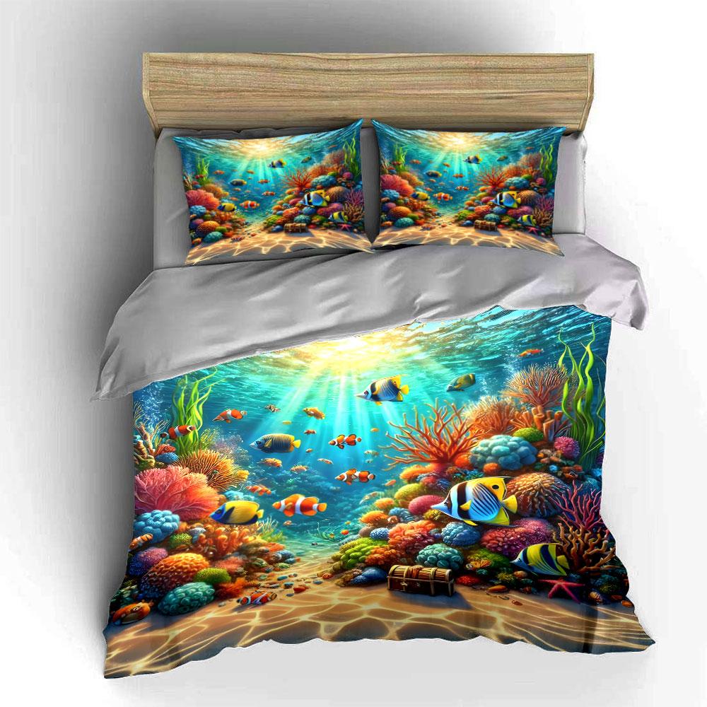 Underwater Coral Reef Scene. Print Bedding Set 1 Duvet Cover 2 Pillowcases For Adult And Children Luxury Gift Full Size