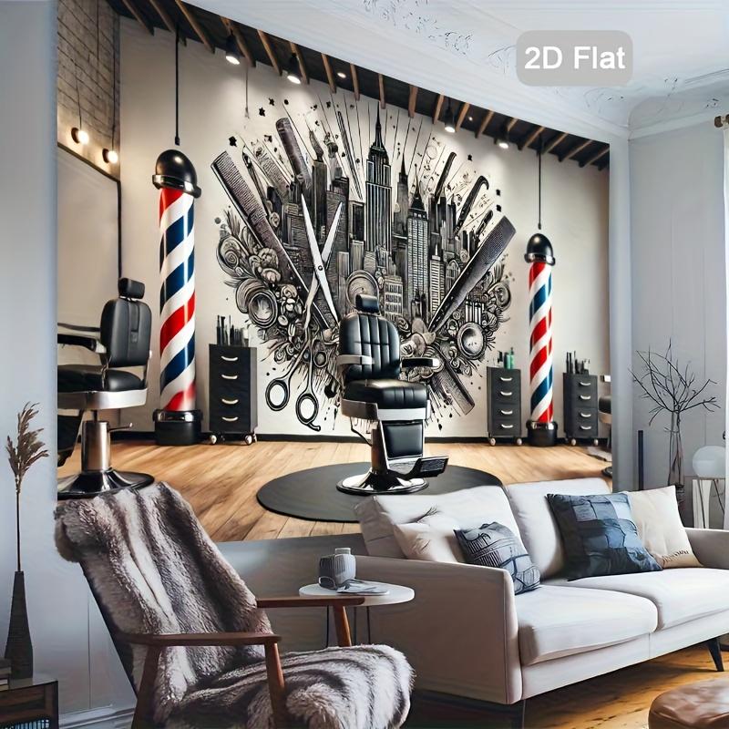 2D plan, 1 camera background - hair salon corner, featuring NYC skyscraper and hair salon design