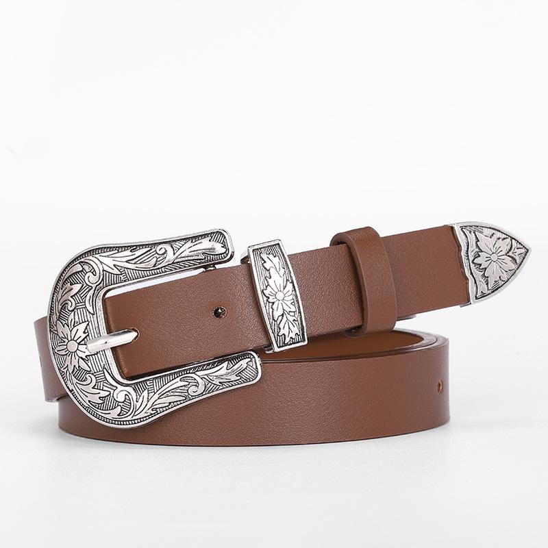 Casual Belt - Versatile Decorative Belt with Unique Engraved Antique Silver Buckle - Three-piece Set for Flat Waistbands