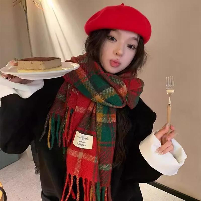 Autumn And Winter  Plaid Scarf For Women Korean Style Versatile Shawl Warm Christmas Wool Neck Scarf