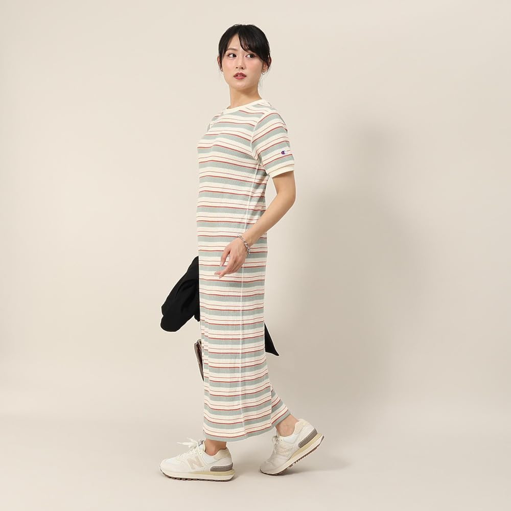 Champion Casual Short Sleeve Cotton USA Crew Neck Garment Wash Striped Dress In Natural Women's (CW-B309)