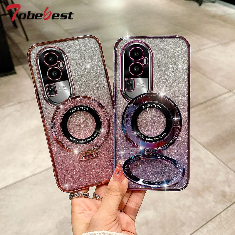 Glitter Plating Magnetic Holder Phone Case For OPPO Reno 12 12F 11 11F 10 8 7 Pro Plus 4G 5G Cover